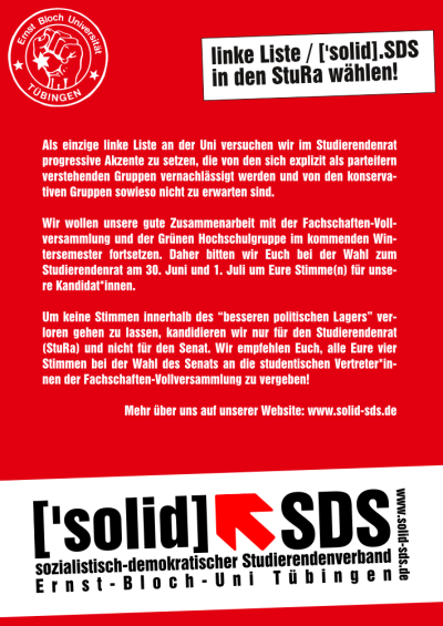 Der Wahlflyer der linken Liste / ['solid].SDS Tübingen zur Wahl des Studierendenrats (StuRa) im Sommersemester 2015 (Vorderseite)
